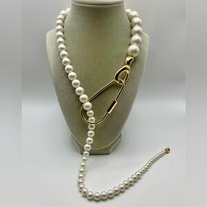 Anthropologie Big Clasp Adjustable Gold Tone Slider Faux Pearl Necklace. 30 inch